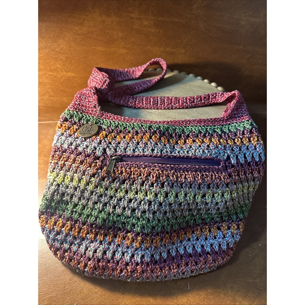 The Sak Original Gypsy Stripe Rainbow 12" Hobo Tote Shoulder Bag Woven Crochet